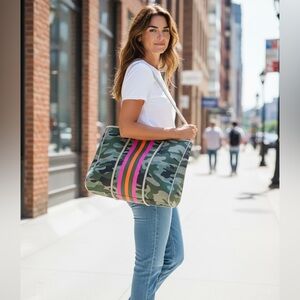 PreneLOVE Classic Large Tote Bag Neoprene Green Camo with Pink Stripes
